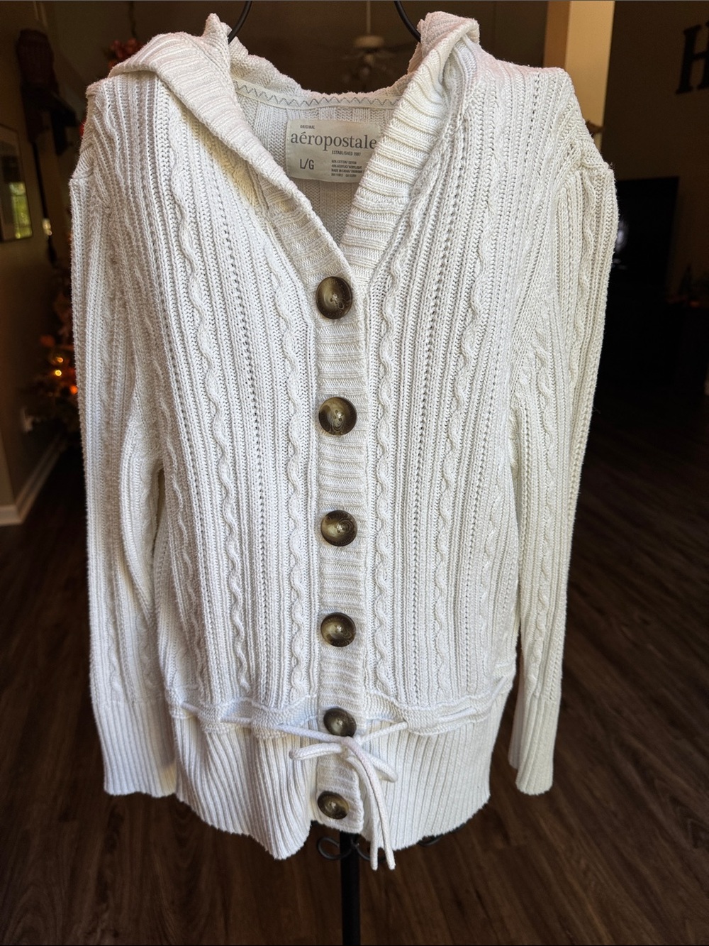 Aeropostale White Cable-Knit Hooded Button Cardigan